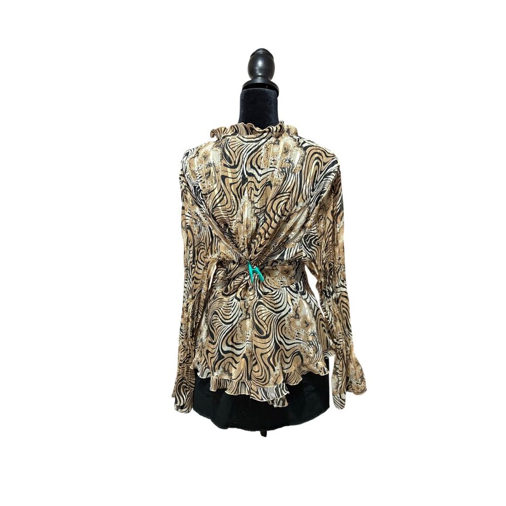 Vintage‎ Y2K tie front sheer animal print ruffle trim top women's XL artsy boho - Picture 2 of 7